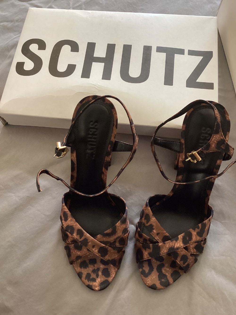 Schutz Wild Satin Animal Print Keefa Block Sandal Heel - Picture 2 of 11